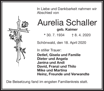 Traueranzeige von Aurelia Schaller von Frankenpost