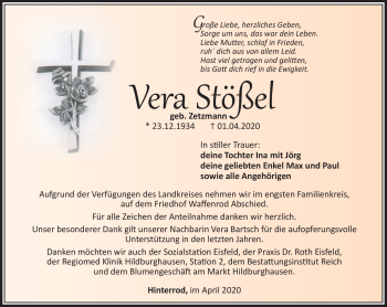 Traueranzeige von Vera Stößel von Südthüringer Presse