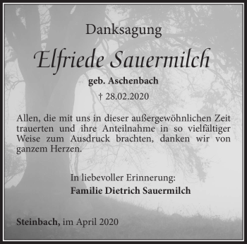 Traueranzeige von Elfriede Sauermilch von Südthüringer Presse