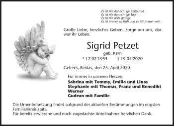 Traueranzeige von Sigrid Petzet von Frankenpost