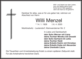 Traueranzeige von Willi Menzel von Frankenpost