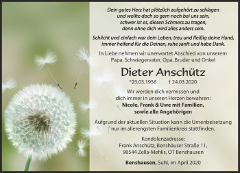 Traueranzeige von Dieter Anschütz von Südthüringer Presse
