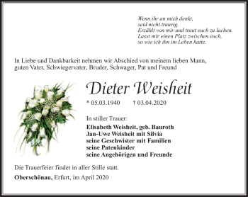 Traueranzeige von Dieter Weisheit von Südthüringer Presse