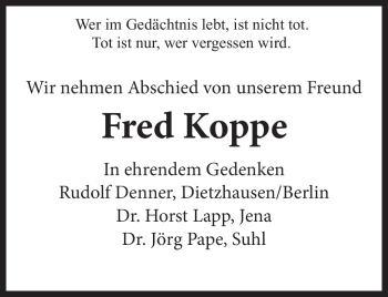Traueranzeige von Fred Koppe von Südthüringer Presse