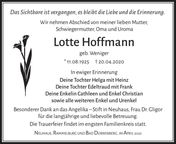 Traueranzeige von Lotte Hoffmann von Südthüringer Presse