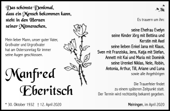 Traueranzeige von Manfred Eberitsch von Südthüringer Presse