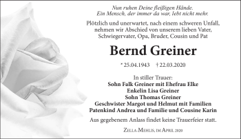 Traueranzeige von Bernd Greiner von Südthüringer Presse