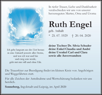 Traueranzeige von Ruth Engel von Südthüringer Presse