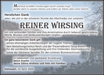 Traueranzeige von Reiner Wirsing von Südthüringer Presse