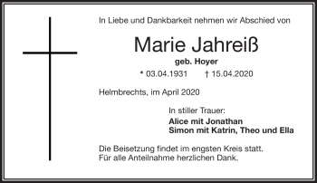 Traueranzeige von Marie Jahreiß von Frankenpost
