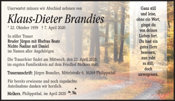 Traueranzeige von Klaus-Dieter Brandies von Südthüringer Presse