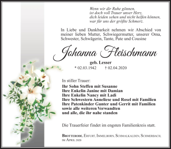 Traueranzeige von Johanna Fleischmann von Südthüringer Presse