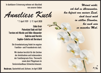 Traueranzeige von Anneliese Kuch von Südthüringer Presse