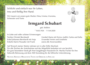 Traueranzeige von Irmgard Schubart von Südthüringer Presse