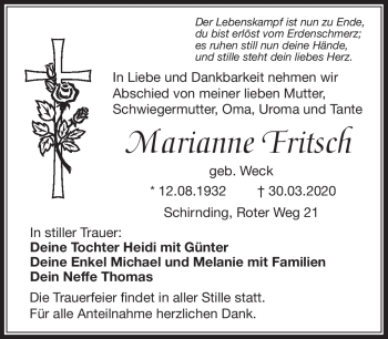 Traueranzeige von Marianne Fritsch von Frankenpost