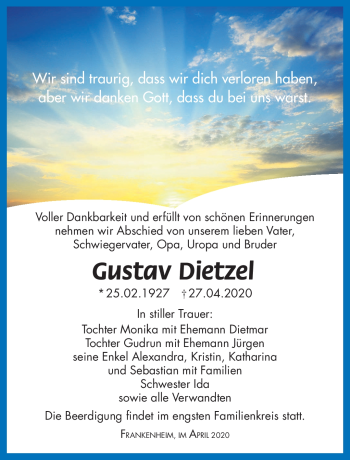 Traueranzeige von Gustav Dietzel von Südthüringer Presse