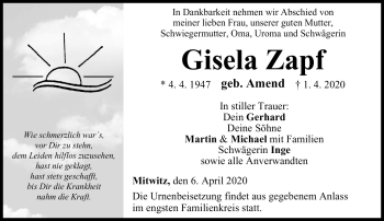 Traueranzeige von Gisela Zapf von Neue Presse Coburg