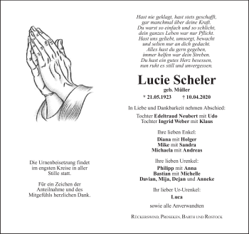 Traueranzeige von Lucie Scheler von Südthüringer Presse