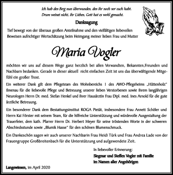 Traueranzeige von Maria Vogler von Südthüringer Presse
