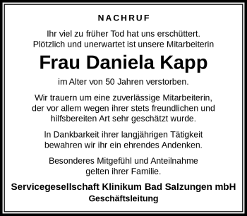 Traueranzeige von Daniele Kapp von Südthüringer Presse