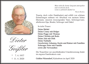 Traueranzeige von Dieter Geißler von Südthüringer Presse