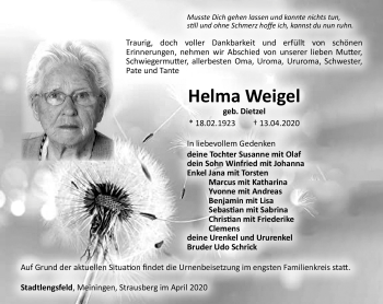 Traueranzeige von Helga Weigel von Südthüringer Presse