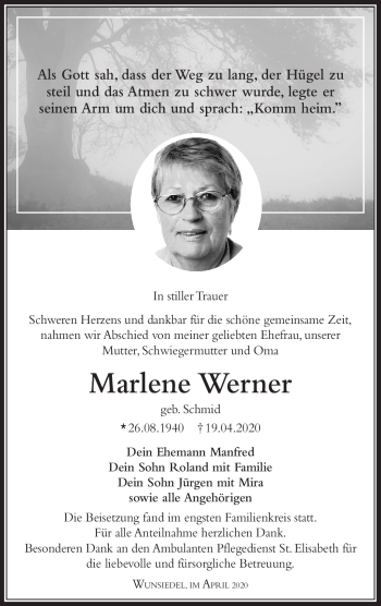 Traueranzeige von Marlene Werner von Frankenpost
