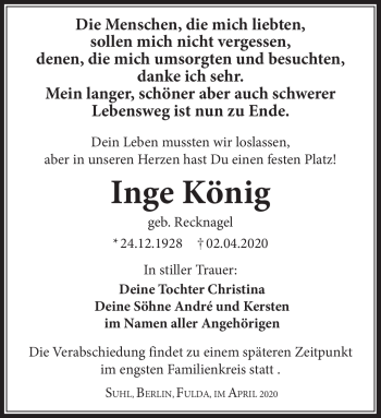 Traueranzeige von Inge König von Südthüringer Presse