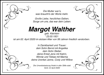 Traueranzeige von Margot Walther von Südthüringer Presse
