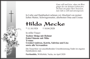 Traueranzeige von Hilda Mecke von Südthüringer Presse