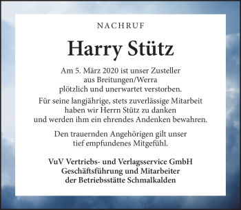 Traueranzeige von Harry Stütz von Südthüringer Presse
