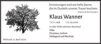 Traueranzeige von Klaus Wanner von Frankenpost