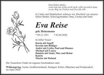 Traueranzeige von Eva Reise von Südthüringer Presse