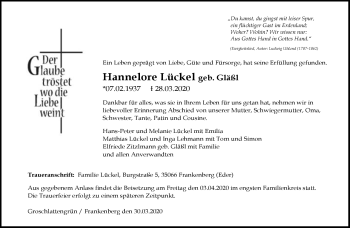 Traueranzeige von Hannelore Lückel von Frankenpost