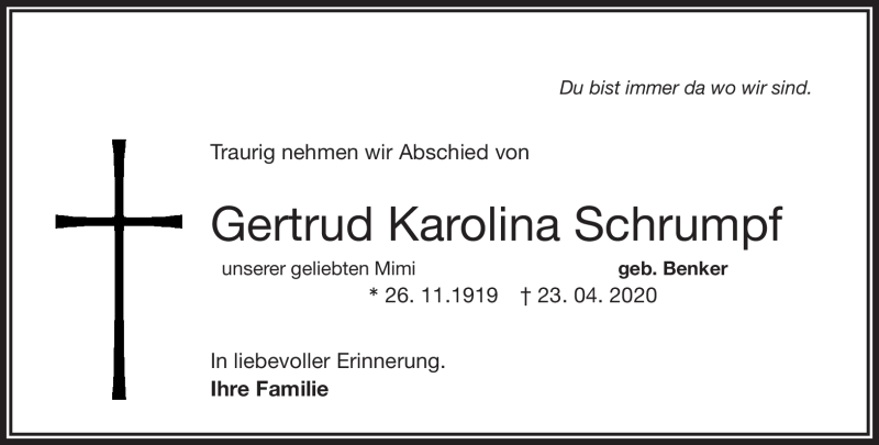  Traueranzeige für Gertrud Karolina Schurmpf vom 29.04.2020 aus Frankenpost
