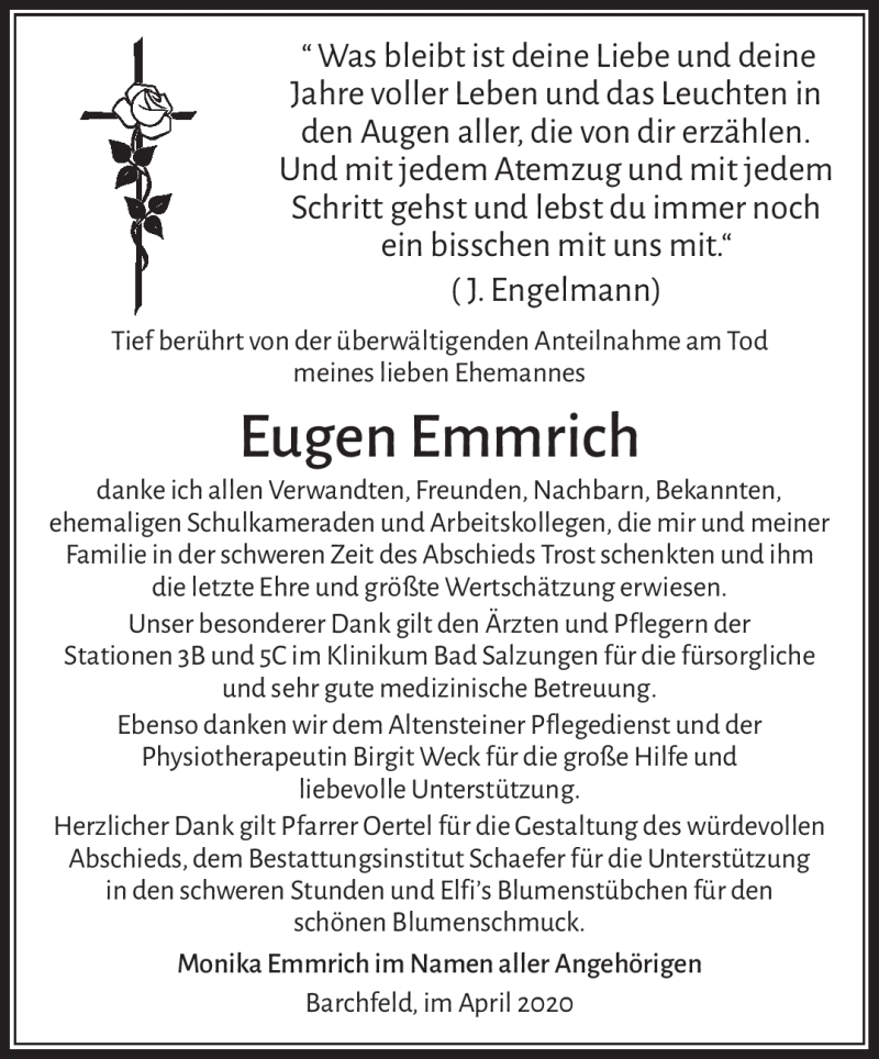  Traueranzeige für Eugen Emmrich vom 04.04.2020 aus Südthüringer Presse