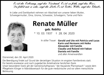 Traueranzeige von Renate Müller von Neue Presse Coburg