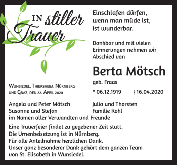 Traueranzeige von Berta Mötsch von Frankenpost