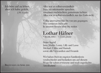 Traueranzeige von Lothar Häfner von Südthüringer Presse