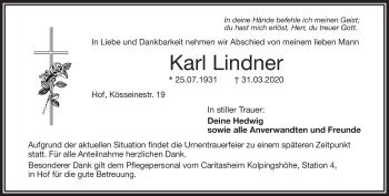 Traueranzeige von Karl Lindner von Frankenpost