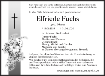 Traueranzeige von Elfriede Fuchs von Südthüringer Presse
