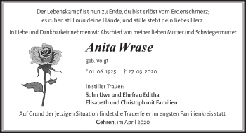 Traueranzeige von Antia Wrase von Südthüringer Presse