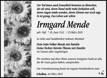 Traueranzeige von Irmgard Mende von Südthüringer Presse