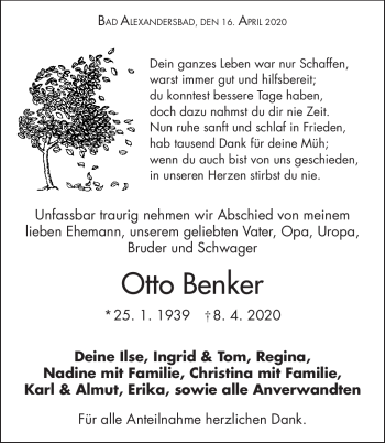 Traueranzeige von Otto Benker von Frankenpost