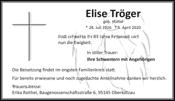Traueranzeige von Elise Tröger von Frankenpost
