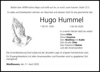 Traueranzeige von Hugo Hummel von Neue Presse Coburg