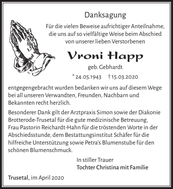Traueranzeige von Vroni Happ von Südthüringer Presse