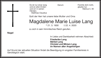 Traueranzeige von Magdalene Lang von Frankenpost