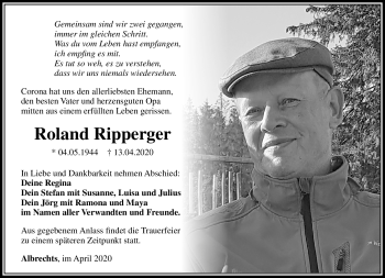 Traueranzeige von Roland Rippenberger von Südthüringer Presse