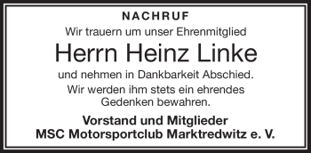 Traueranzeige von Heinz Linke von Frankenpost